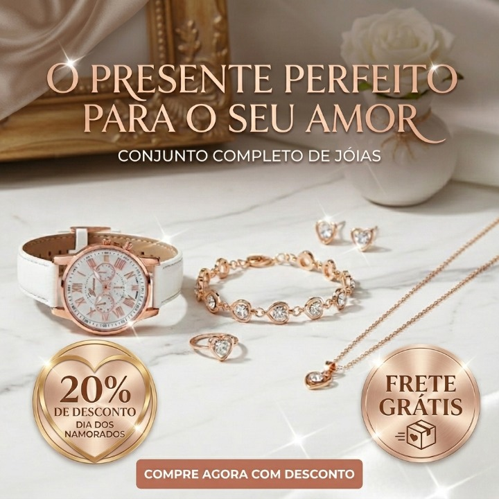 Kit Relógio Feminino Quartz e Jóia - MEGA OFERTA DIA DOS NAMORADOS